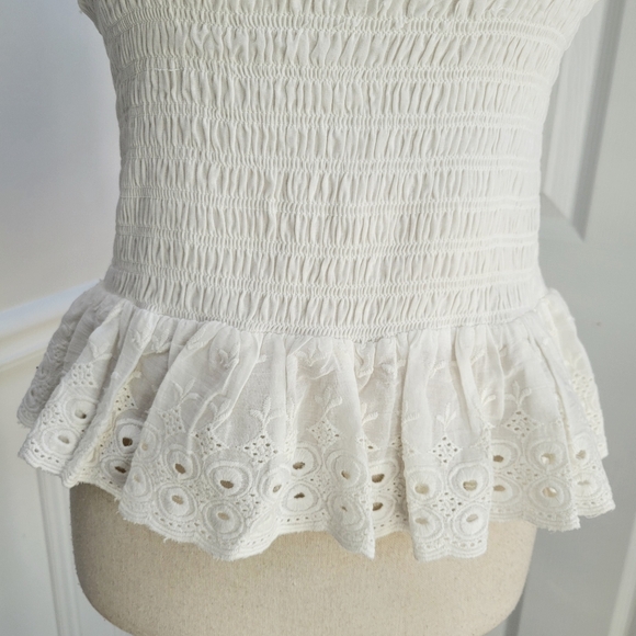 House of Harlow 1960 Smocked Ruffle Peplum Eyelet‎ Lace Puff Sleeve Blouse - Picture 7 of 12